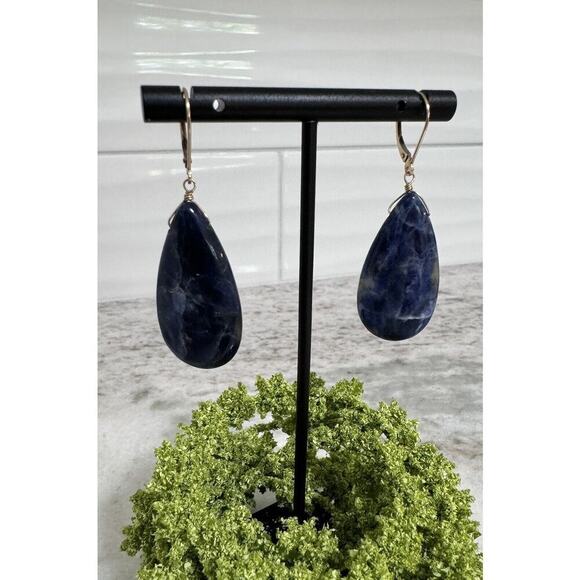 14k Gold Large Sodalite Drop Dangle Earrings - Picture 1 of 8